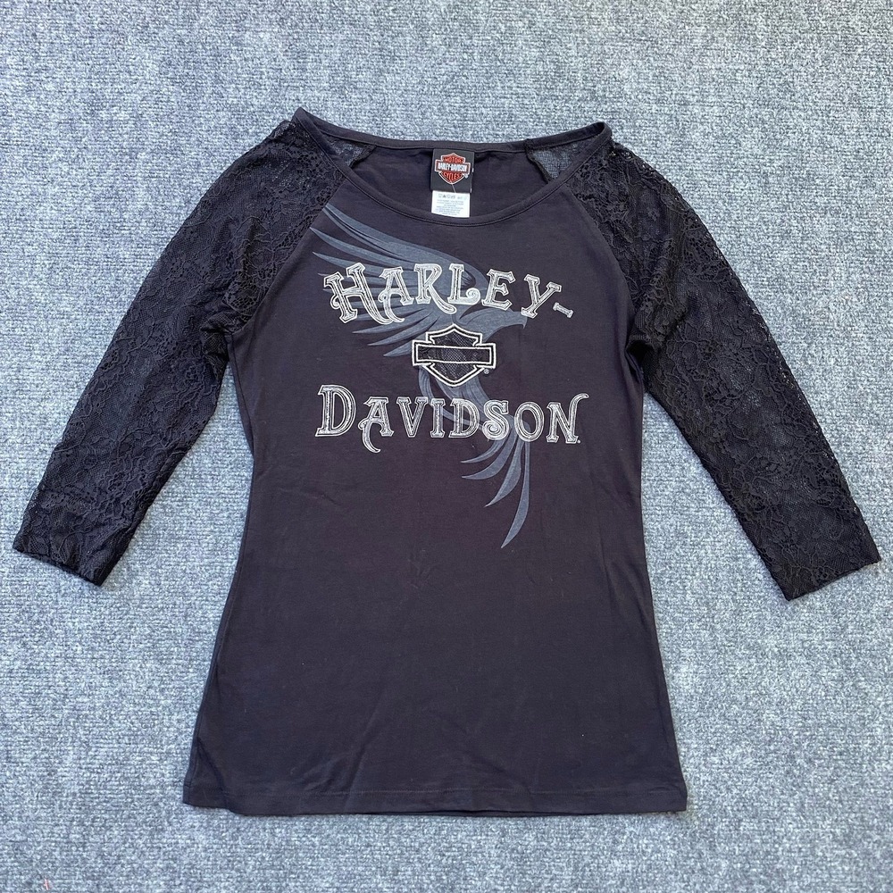 Harley-Davidson Top T-Shirt S Black Graphic Print Lace Sleeves Dark Romantic - Picture 2 of 11